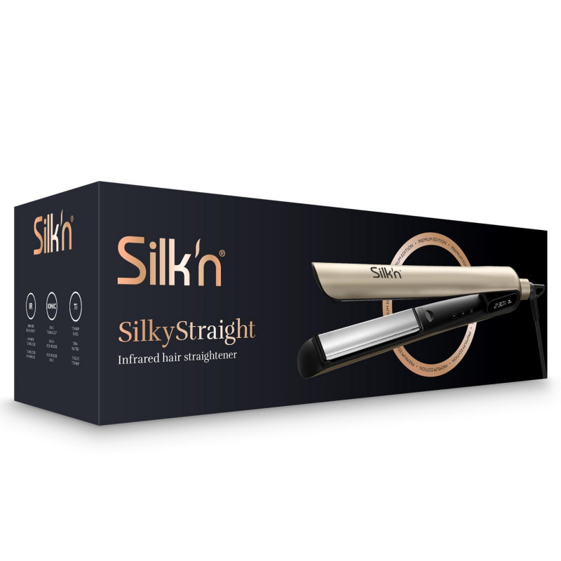 Σίδερο μαλλιών Silk'n SilkyStraight SIS1PE1001, 45 W, 12 ρυθμίσεις θερμοκρασίας, οθόνη LED, πλάκες τιτανίου, τεχνολογία υπέρυθρων, ιονισμός, 120-230 °C, μνήμη, ροζ χρυσό