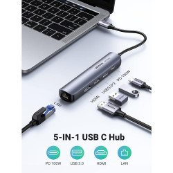 Σταθμός σύνδεσης 5 σε 1 UGREEN CM418, PD 100W, USB-C προς 1xUSB-C (PD)/2xUSB-A/1xHDMI/RJ45, 4K@30fps, Γκρι