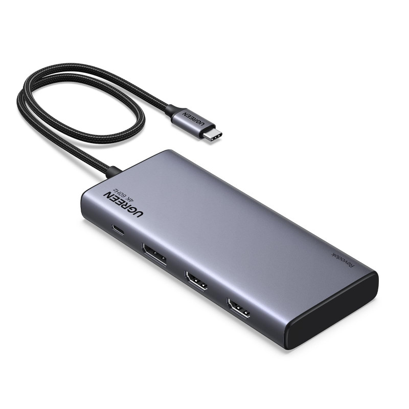Σταθμός σύνδεσης 8 σε 1 UGREEN CM639, PD 100W, USB-C προς 1xUSB-C (PD)/2x USB-C/2xUSB-A/2xHDMI/DP, 4K@60fps, Γκρι