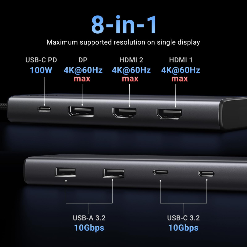 Σταθμός σύνδεσης 8 σε 1 UGREEN CM639, PD 100W, USB-C προς 1xUSB-C (PD)/2x USB-C/2xUSB-A/2xHDMI/DP, 4K@60fps, Γκρι