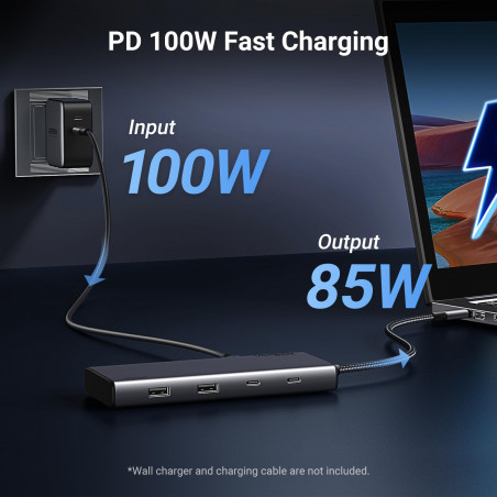 Σταθμός σύνδεσης 8 σε 1 UGREEN CM639, PD 100W, USB-C προς 1xUSB-C (PD)/2x USB-C/2xUSB-A/2xHDMI/DP, 4K@60fps, Γκρι