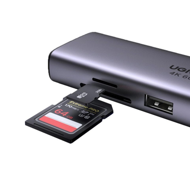 Πολυλειτουργικός προσαρμογέας 6 σε 1 UGREEN CM512, USB-C, 3x USB-A 3.0, HDMI, RJ45 LAN, USB-C PD, 4K@30Hz, Γκρι