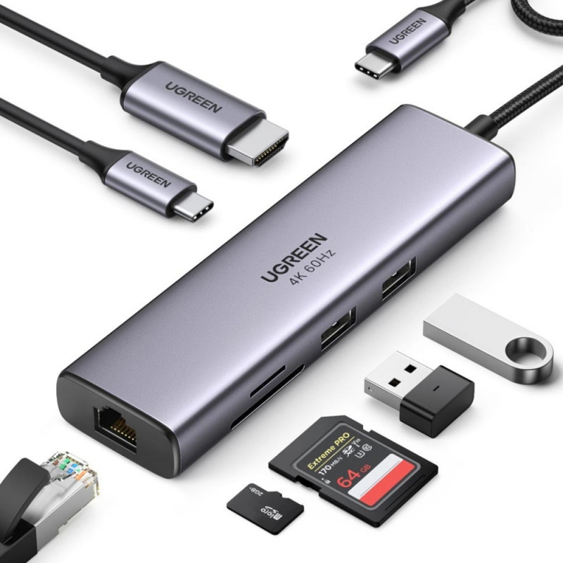 Πολυλειτουργικός προσαρμογέας 6 σε 1 UGREEN CM512, USB-C, 3x USB-A 3.0, HDMI, RJ45 LAN, USB-C PD, 4K@30Hz, Γκρι