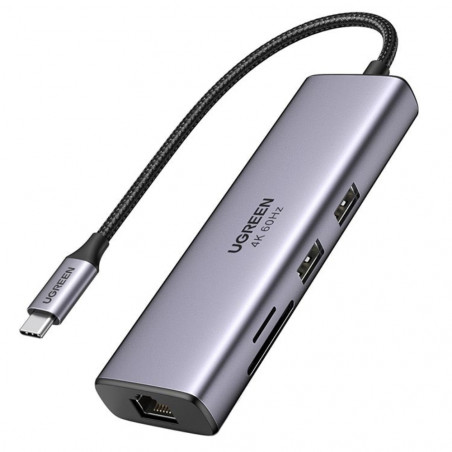 Πολυλειτουργικός προσαρμογέας 6 σε 1 UGREEN CM512, USB-C, 3x USB-A 3.0, HDMI, RJ45 LAN, USB-C PD, 4K@30Hz, Γκρι