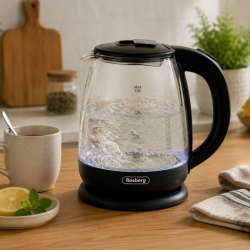 Ηλεκτρικός βραστήρας Rosberg R51230AE, 1500 W, 1,8 λίτρα, Ενσωματωμένη αντίσταση, Γυάλινο δοχείο, Ένδειξη στάθμης, Μαύρος