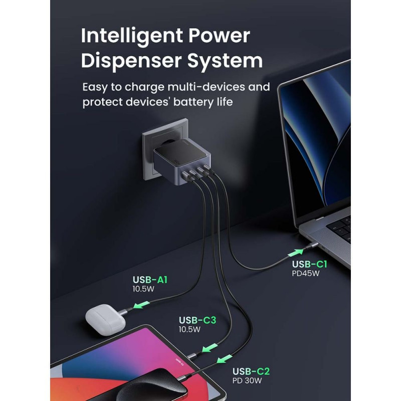 Φορτιστής UGREEN GaN X565, PD 3.0 100W, 3xUSB-C/1xUSB-A, τεχνολογία GaN, ,  Γκρι