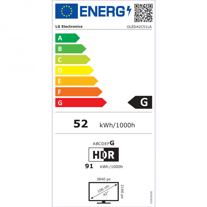 Τηλεόραση LG OLED42C51LA, 4K Ultra HD 3840 x 2160, 42", Κατηγορία G, OLED, Smart TV, Dolby Vision, AI Upscaling, webOS, Μαύρο