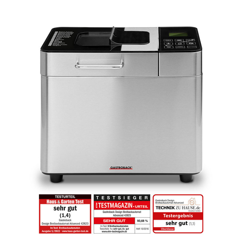 Φούρνος ψωμιού Gastroback Advanced 42823, 500 W, 500-750-1000 γρ., 18 προγράμματα, κεραμικό δοχείο χωρίς PFOA και PTFE, 7 είδη ψωμιού, λειτουργία παγωτού, ανοξείδωτο/μαύρο