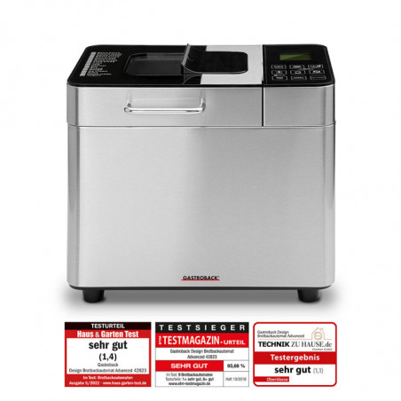 Φούρνος ψωμιού Gastroback Advanced 42823, 500 W, 500-750-1000 γρ., 18 προγράμματα, κεραμικό δοχείο χωρίς PFOA και PTFE, 7 είδη ψωμιού, λειτουργία παγωτού, ανοξείδωτο/μαύρο