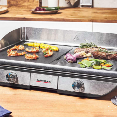 Ηλεκτρική ψησταριά με κινητές πλάκες Gastroback Advanced Pro 42523, 2300 W, 50 × 30 cm, 90–240 °C, Λεία/ραβδωτή, Αντικολλητική, Δίσκος συλλογής λίπους, Μαύρο/ανοξείδωτο