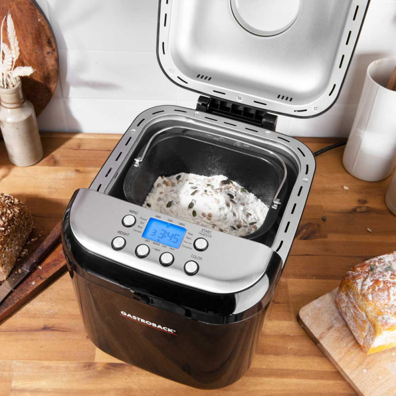 Φούρνος ψωμιού Gastroback Design Pro 42822, 500 W, 500-750-1000 γρ., 19 προγράμματα, Αντικολλητικό δοχείο, 7 είδη ψωμιού, 3 επίπεδα ψησίματος, Μαύρο