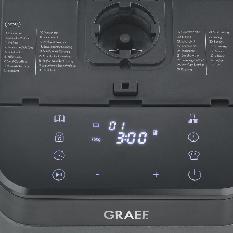 Φούρνος ψωμιού Graef BA806, 520 W, 500-750 γρ., 36 προγράμματα, Αντικολλητική επίστρωση, 3 επίπεδα, Χρονοδιακόπτης με λειτουργία καθυστερημένης εκκίνησης, Μαύρο