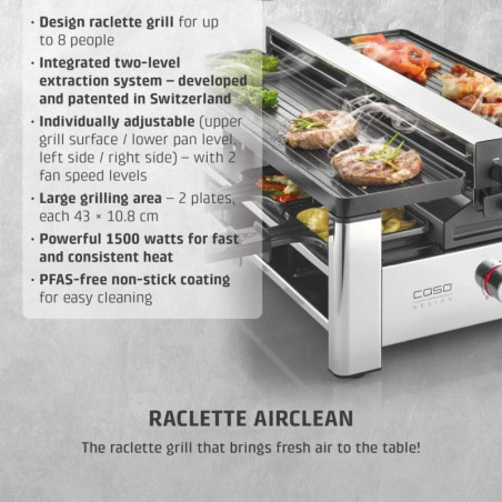 Γκριλ ρακλέτ CASO Design Raclette AirClean, 1500 W, κεραμικές πλάκες, σύστημα για μείωση των οσμών και του καπνού, φίλτρο, ανοξείδωτο