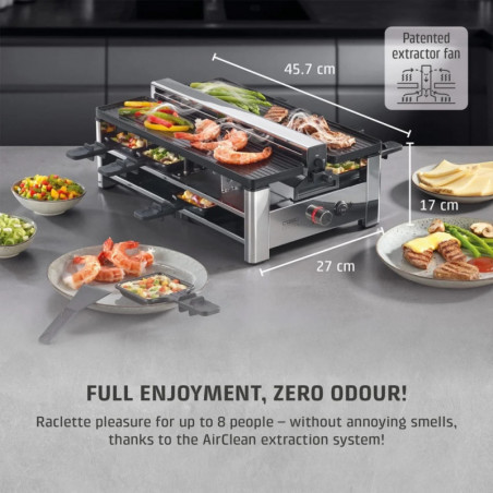 Γκριλ ρακλέτ CASO Design Raclette AirClean, 1500 W, κεραμικές πλάκες, σύστημα για μείωση των οσμών και του καπνού, φίλτρο, ανοξείδωτο