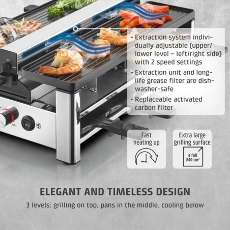 Γκριλ ρακλέτ CASO Design Raclette AirClean, 1500 W, κεραμικές πλάκες, σύστημα για μείωση των οσμών και του καπνού, φίλτρο, ανοξείδωτο