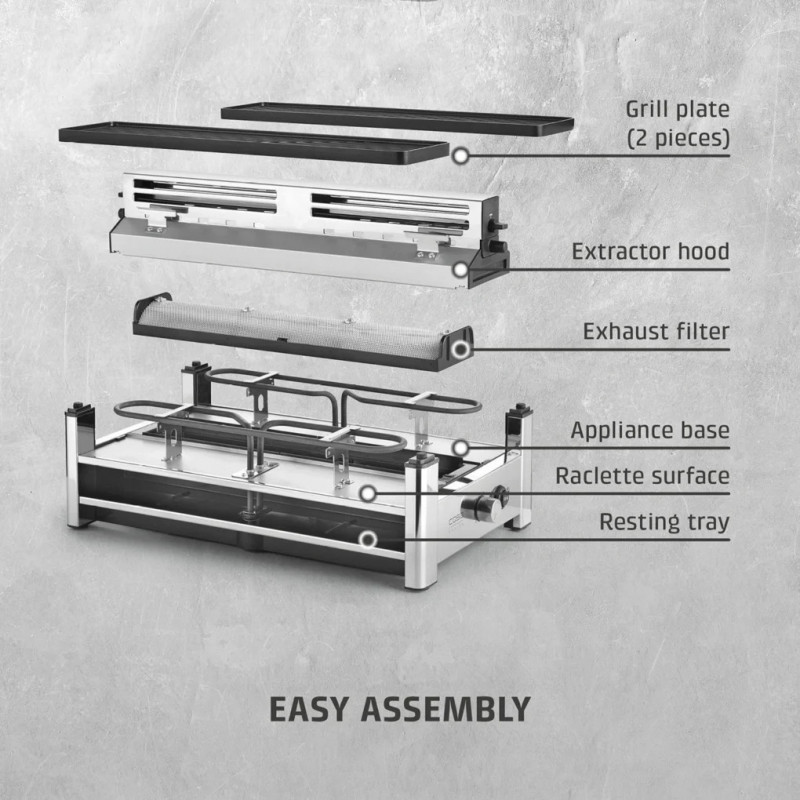 Γκριλ ρακλέτ CASO Design Raclette AirClean, 1500 W, κεραμικές πλάκες, σύστημα για μείωση των οσμών και του καπνού, φίλτρο, ανοξείδωτο