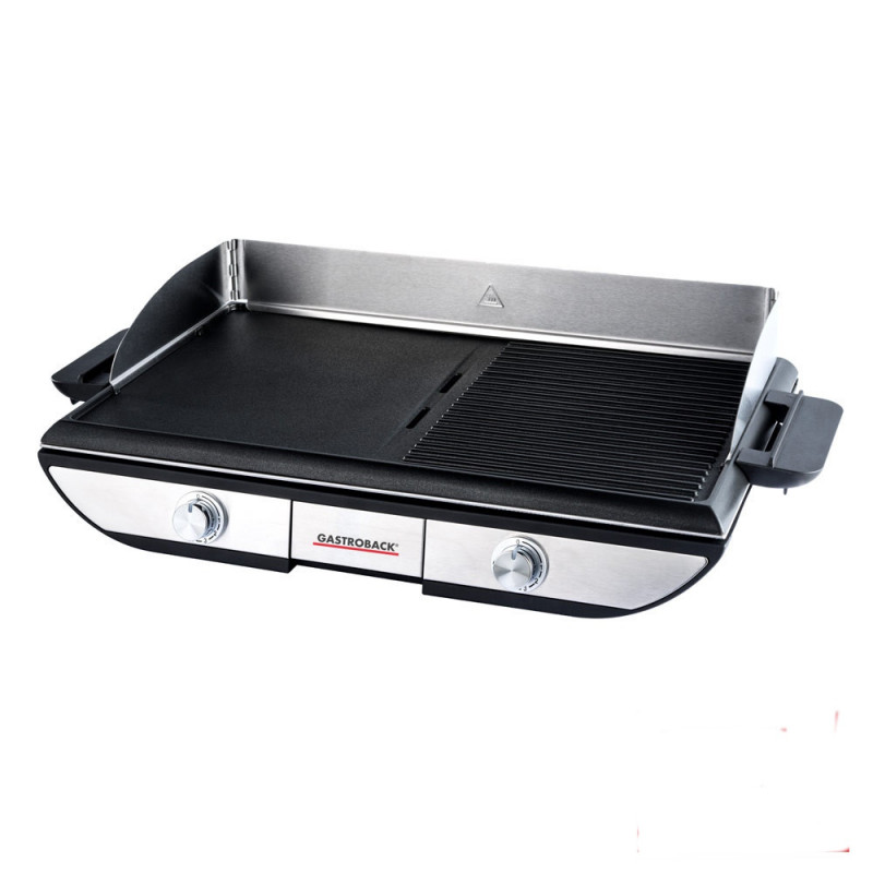 Ηλεκτρική ψησταριά με κινητές πλάκες Gastroback Advanced Pro 42523, 2300 W, 50 × 30 cm, 90–240 °C, Λεία/ραβδωτή, Αντικολλητική, Δίσκος συλλογής λίπους, Μαύρο/ανοξείδωτο