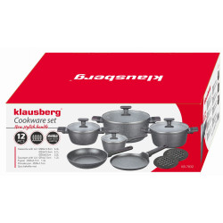 Σετ κατσαρόλες και τηγάνια Klausberg KB 7832, 12 τεμάχια, Επίστρωση μαρμάρου, Κατάλληλο για επαγωγικές εστίες, Γκρι