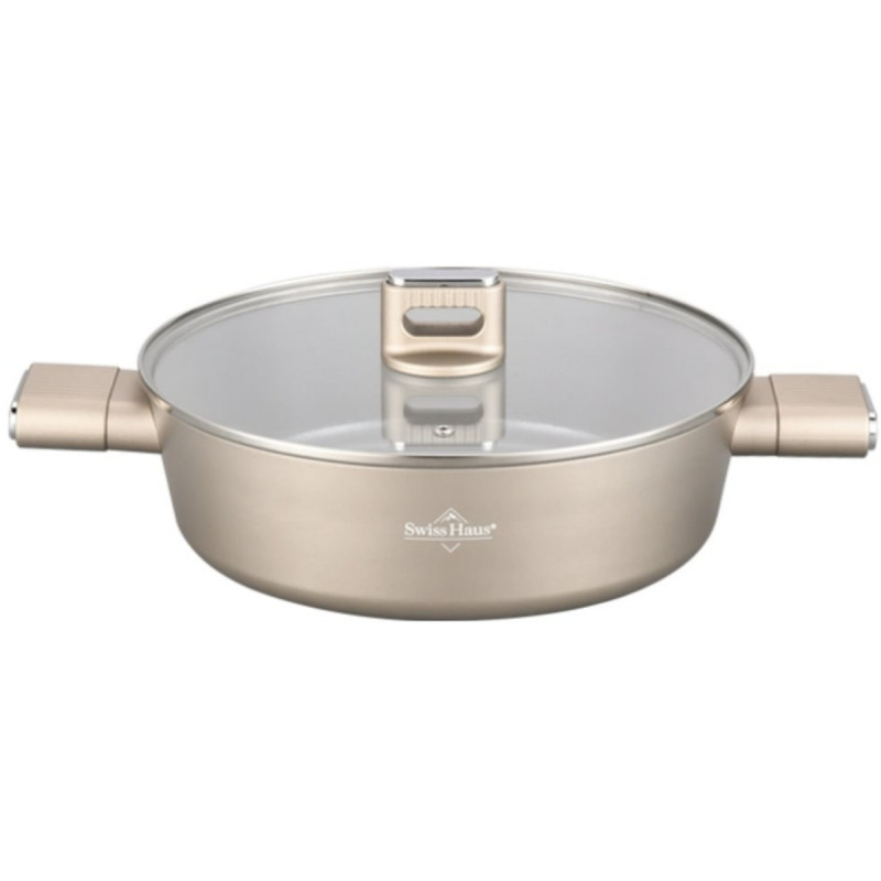 Ρηχή κατσαρόλα με καπάκι Swiss Haus SH-SCLC28CH, 28 x 8,5 εκ., 4,4 λίτρα, κεραμική επίστρωση Sapphire, χωρίς PTFE/PFAS/PFOA, κατάλληλη για επαγωγικές εστίες, χρώμα σαμπάνιας