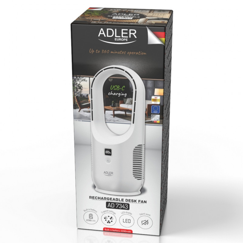 Επιτραπέζιος ανεμιστήρας Adler AD 7343, έως 6 ώρες, 3 ταχύτητες, οθόνη LED, USB-C, Λευκό