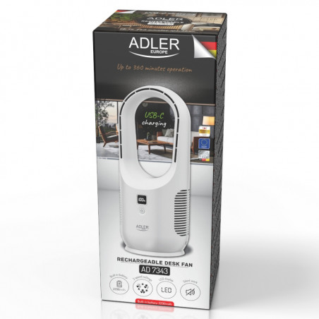 Επιτραπέζιος ανεμιστήρας Adler AD 7343, έως 6 ώρες, 3 ταχύτητες, οθόνη LED, USB-C, Λευκό
