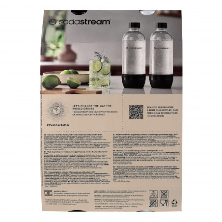 Σετ φιαλών ανθρακούχου νερού SodaStream Jet, 1 λίτρο, 2 τεμάχια, χωρίς BPA, κατάλληλες για πλυντήριο πιάτων, μαύρες