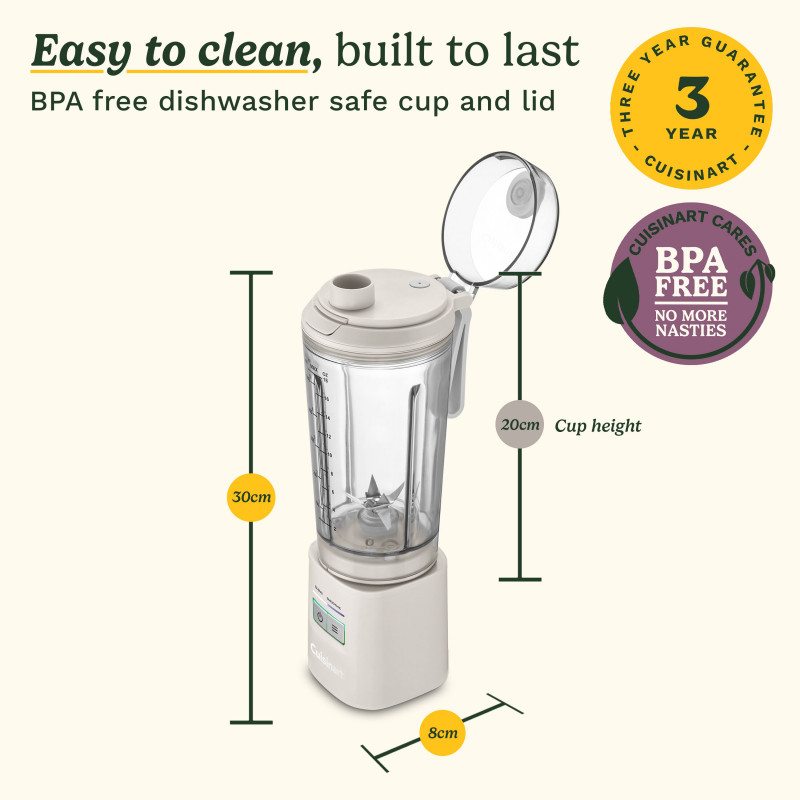 Φορητός μπλέντερ Cuisinart Blast & Go PBL100E, 120 W, 500 ml, 20.000 στροφές/λεπτό, 2 λειτουργίες, χωρίς BPA, φόρτιση μέσω USB-C, λευκό