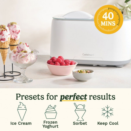 Μηχανή παγωτού Cuisinart Freeze Ease ICE90E, 100 W, 0,95 λίτρα, 3 προγράμματα, συμπιεστής, λευκό/γκρι