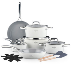 Σετ κατσαρόλες Swiss Haus SH-CC4014CR, 14 τεμάχια, κεραμικό φινίρισμα Sapphire, κατάλληλο για επαγωγικές εστίες, κατάλληλο για φούρνο έως 220 °C, χωρίς PFAS, κρεμ γυαλιστερό φινίρισμα