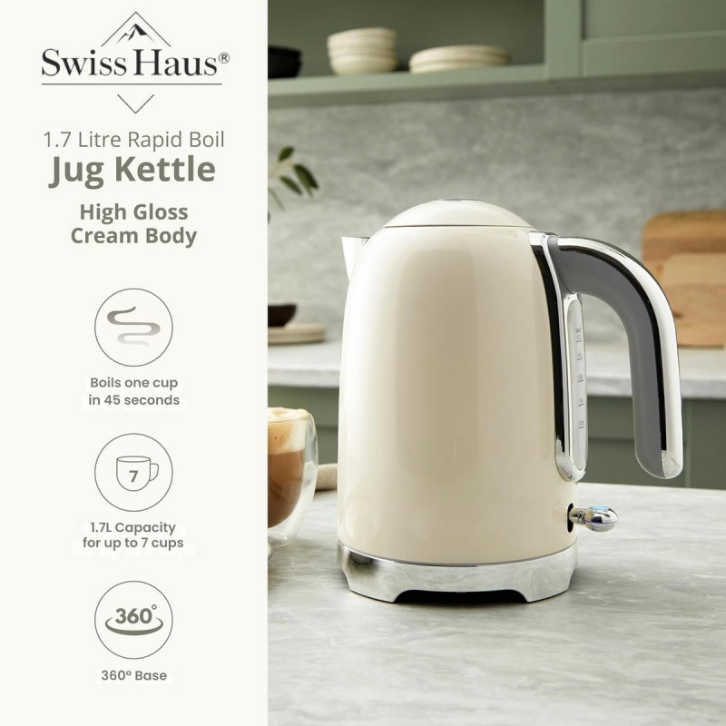 Ηλεκτρικός βραστήρας Swiss Haus SH-SWK2027, 2000 W, 1,7 λίτρα, βάση 360°, φίλτρο, κρυφή αντίσταση, διπλά τοιχώματα, κρεμ