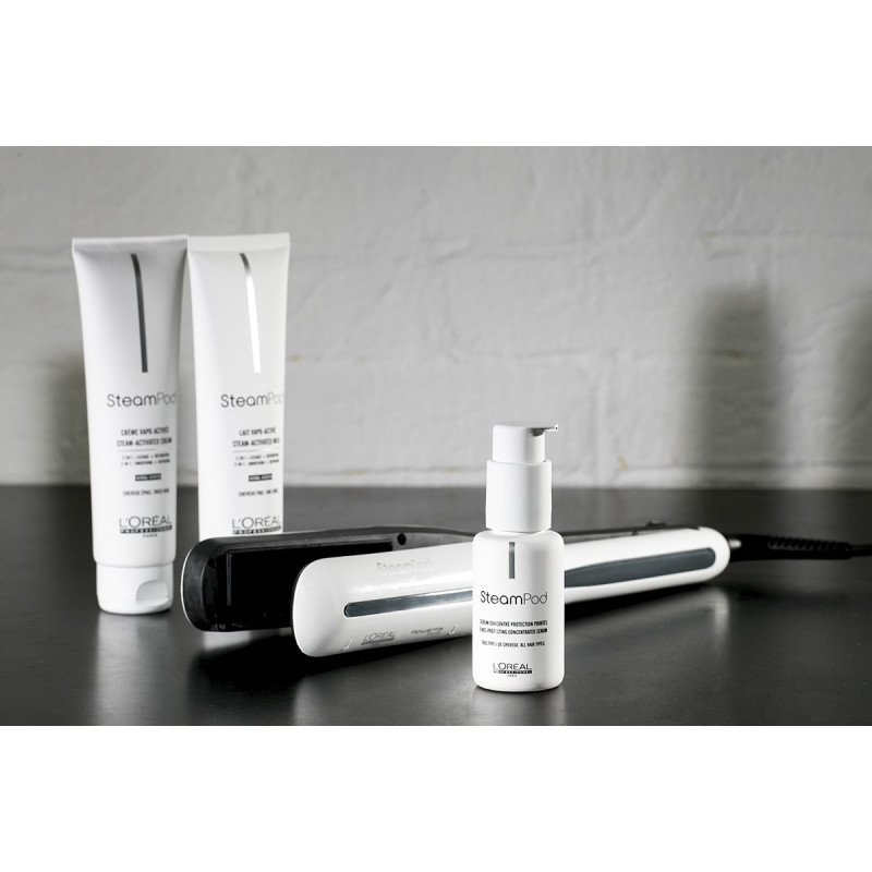 Σίδερο μαλλιών LOreal Professionnel SteamPod 3.0, 158 W, 0,8 g/min, Ενσωματωμένο δοχείο νερού, Περιστρεφόμενο καλώδιο, Έως 210 °C, Λευκό/Μαύρο