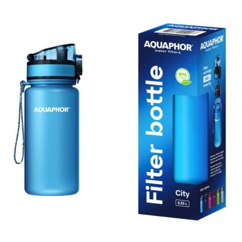 Φιάλη νερού με φίλτρο Aquaphor City 160026, 350 ml, Tritan, Ενεργός άνθρακας, Aqualen, Κάλυμμα με κλείδωμα, Μπλε
