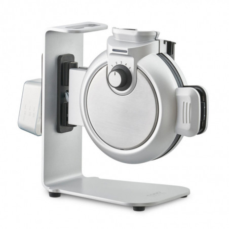 Κάθετη μηχανή για βάφλες Caso Design WaffleUp, 800 W, 18 cm, 5 επίπεδα, διπλή αντικολλητική επίστρωση, ηχητικό και φωτεινό σήμα, δοχείο για το υπόλοιπο ζυμάρι, ασημί