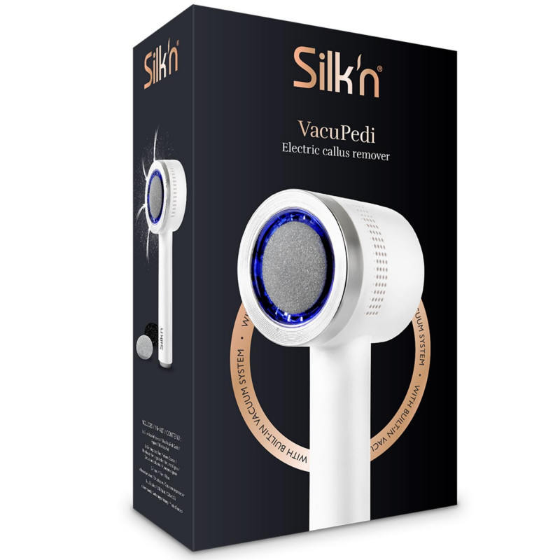 Ηλεκτρική λίμα για σκληρό δέρμα και κάλους Silk'n VacuPedi VPC1PE1001, 2 ταχύτητες, 3 δίσκοι, αντικαθιστώμενα και πλενόμενα φίλτρα, σύστημα κενού, λευκό/ασημί