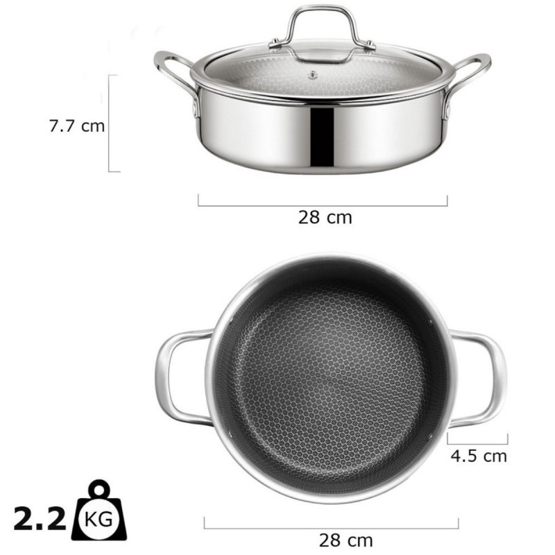 Ρηχή κατσαρόλα Swiss Haus SH-ZGLC28, 28 εκ., 4,5 λίτρα, κεραμική επίστρωση Sapphire, γυάλινο καπάκι, κατάλληλη για φούρνο έως 260 °C, κατάλληλη για επαγωγικές εστίες, ασημί
