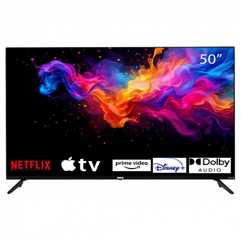 Τηλεόραση RCA RK50UN1, 50 ίντσες (125 εκ.), ανάλυση 3840×2160 UHD 4K, κατηγορία ενεργειακής απόδοσης F, Smart TV, HDR10, DLED, Wi-Fi, Bluetooth, λειτουργικό σύστημα Roku, μαύρο χρώμα.
