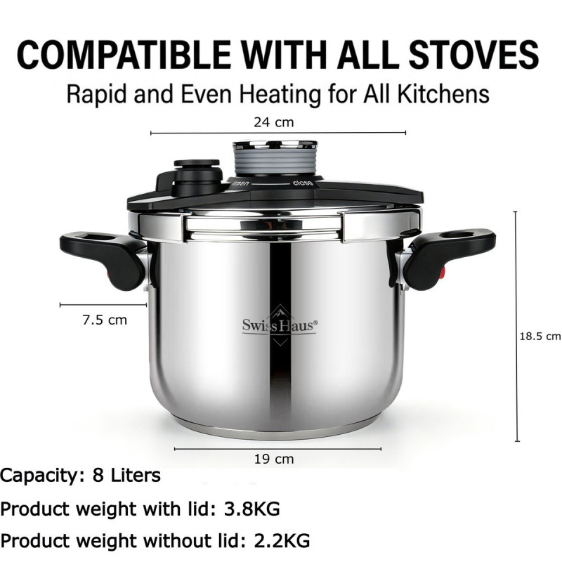 Χύτρα ταχύτητας Swiss Haus SH-PCA8L, 8 λίτρα, 24×18,6 εκ., 100 kPa, ανοξείδωτο ατσάλι, χωρίς PFAS, τριπλός πάτος, κατάλληλη για επαγωγικές εστίες, ασημί