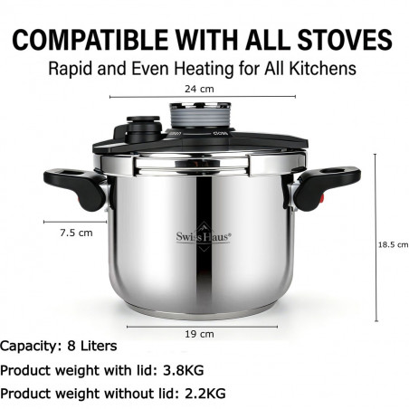 Χύτρα ταχύτητας Swiss Haus SH-PCA8L, 8 λίτρα, 24×18,6 εκ., 100 kPa, ανοξείδωτο ατσάλι, χωρίς PFAS, τριπλός πάτος, κατάλληλη για επαγωγικές εστίες, ασημί