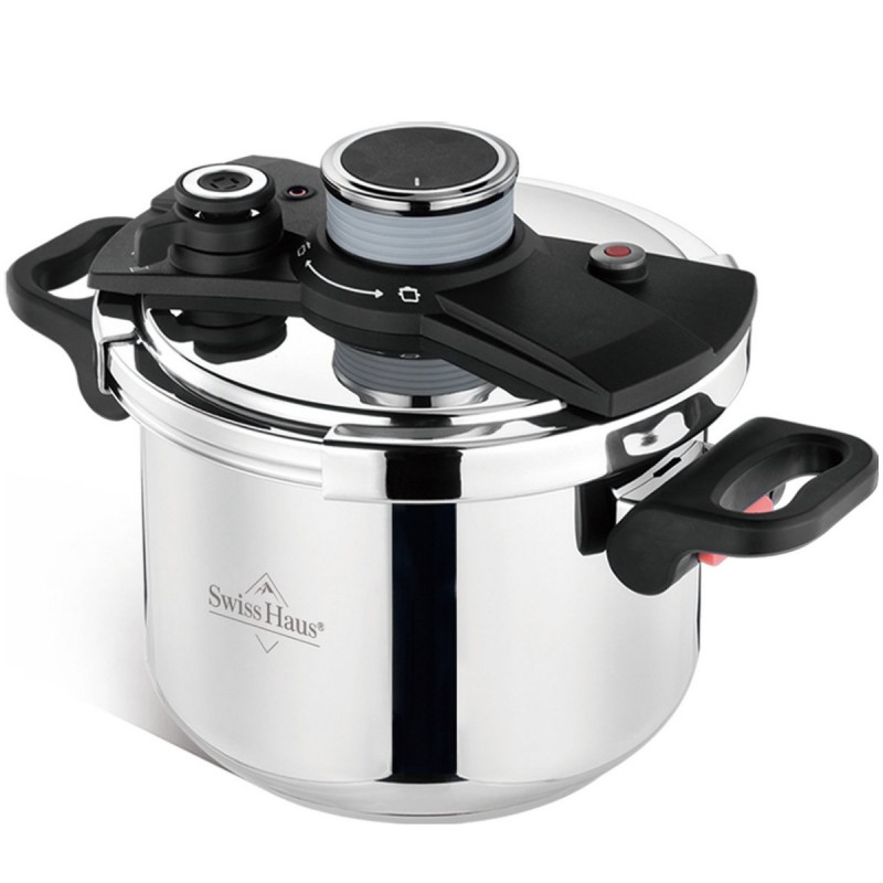 Χύτρα ταχύτητας Swiss Haus SH-PCA8L, 8 λίτρα, 24×18,6 εκ., 100 kPa, ανοξείδωτο ατσάλι, χωρίς PFAS, τριπλός πάτος, κατάλληλη για επαγωγικές εστίες, ασημί