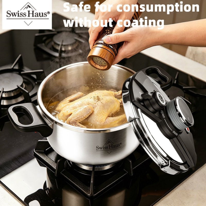 Χύτρα ταχύτητας Swiss Haus SH-PCA8L, 8 λίτρα, 24×18,6 εκ., 100 kPa, ανοξείδωτο ατσάλι, χωρίς PFAS, τριπλός πάτος, κατάλληλη για επαγωγικές εστίες, ασημί