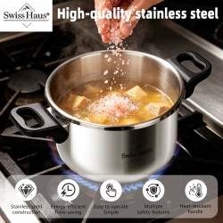 Χύτρα ταχύτητας Swiss Haus SH-PCA8L, 8 λίτρα, 24×18,6 εκ., 100 kPa, ανοξείδωτο ατσάλι, χωρίς PFAS, τριπλός πάτος, κατάλληλη για επαγωγικές εστίες, ασημί