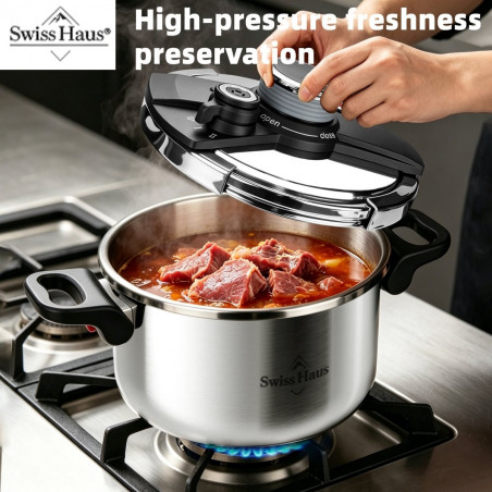 Χύτρα ταχύτητας Swiss Haus SH-PCA8L, 8 λίτρα, 24×18,6 εκ., 100 kPa, ανοξείδωτο ατσάλι, χωρίς PFAS, τριπλός πάτος, κατάλληλη για επαγωγικές εστίες, ασημί