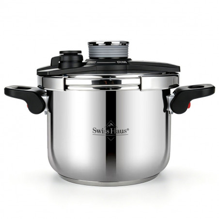 Χύτρα ταχύτητας Swiss Haus SH-PCA8L, 8 λίτρα, 24×18,6 εκ., 100 kPa, ανοξείδωτο ατσάλι, χωρίς PFAS, τριπλός πάτος, κατάλληλη για επαγωγικές εστίες, ασημί