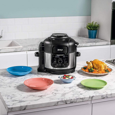 Πολυμάγειρας υπό πίεση Ninja Foodi OP350FR, 1400 W, 6 λίτρα, 9 προγράμματα, 40-200 °C, TenderCrisp®, κεραμική επίστρωση, διατήρηση θερμοκρασίας, ολόκληρο κοτόπουλο, μαύρο/ανοξείδωτο