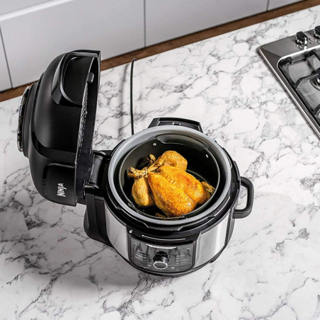Πολυμάγειρας υπό πίεση Ninja Foodi OP350FR, 1400 W, 6 λίτρα, 9 προγράμματα, 40-200 °C, TenderCrisp®, κεραμική επίστρωση, διατήρηση θερμοκρασίας, ολόκληρο κοτόπουλο, μαύρο/ανοξείδωτο