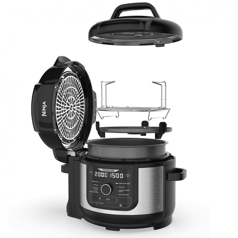 Πολυμάγειρας υπό πίεση Ninja Foodi OP350FR, 1400 W, 6 λίτρα, 9 προγράμματα, 40-200 °C, TenderCrisp®, κεραμική επίστρωση, διατήρηση θερμοκρασίας, ολόκληρο κοτόπουλο, μαύρο/ανοξείδωτο
