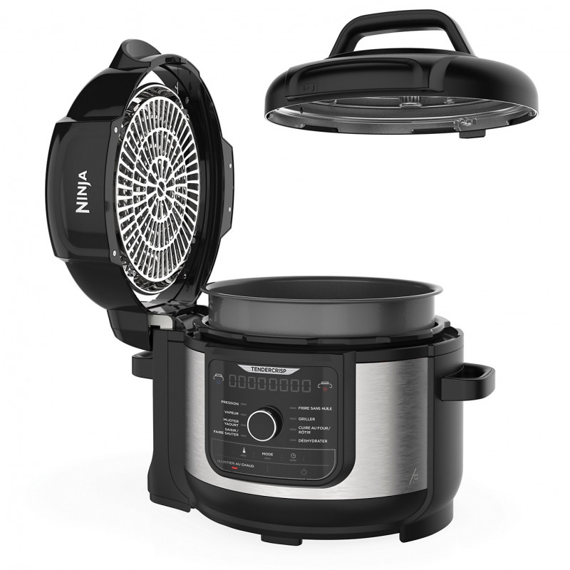 Πολυμάγειρας υπό πίεση Ninja Foodi OP350FR, 1400 W, 6 λίτρα, 9 προγράμματα, 40-200 °C, TenderCrisp®, κεραμική επίστρωση, διατήρηση θερμοκρασίας, ολόκληρο κοτόπουλο, μαύρο/ανοξείδωτο