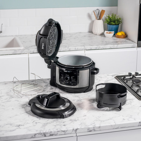 Πολυμάγειρας υπό πίεση Ninja Foodi OP350FR, 1400 W, 6 λίτρα, 9 προγράμματα, 40-200 °C, TenderCrisp®, κεραμική επίστρωση, διατήρηση θερμοκρασίας, ολόκληρο κοτόπουλο, μαύρο/ανοξείδωτο
