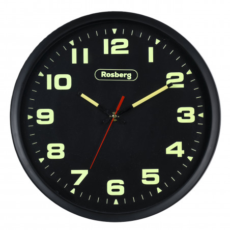 Ρολόι τοίχου Rosberg R59998E, 32 εκ., Φωσφορίζοντα ψηφία και δείκτες, Αθόρυβος μηχανισμός, Στρογγυλό, Μαύρο