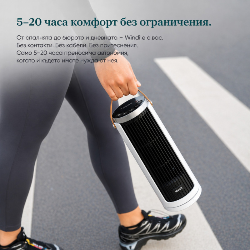 Φορητός ανεμιστήρας τύπου πύργου Levoit Windi Mini Plus, 7,5 W, 5 επίπεδα ταχύτητας, Αυτονομία έως 20 ώρες, Ταλάντωση, Χρονοδιακόπτης, Τηλεχειριστήριο, Λευκό/μαύρο